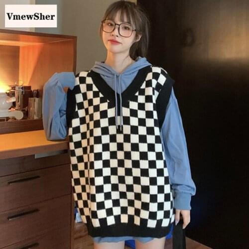VmewSher New Vintage Checkerboard Women Vest Autumn Spring Female V Neck Sleeveless Sweater Fashion Plaid Pullover Jumper Tops