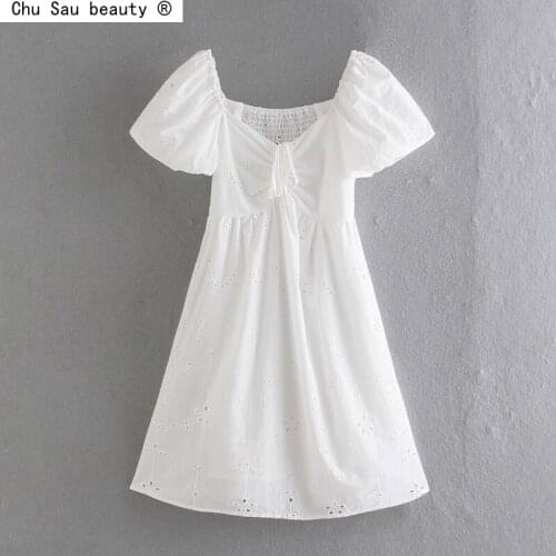 French Vintage Drawstring Puff Sleeve Lace Dress 2021 Summer New Square Collar Lace-Up Women Dress Solid Color Pullover