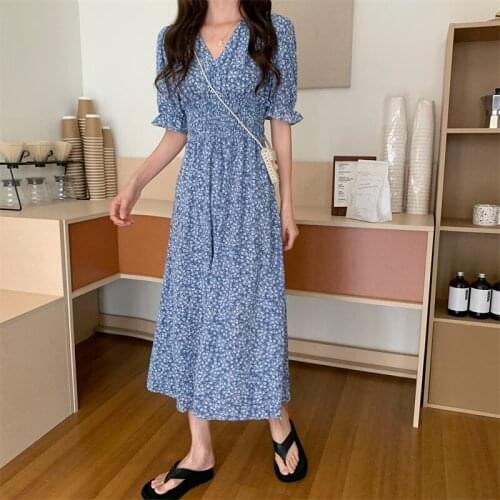 Temperament V-neck Floral Bubble Short-sleeved Dress Female Summer New Style Korean High-waist Mid-length Dress