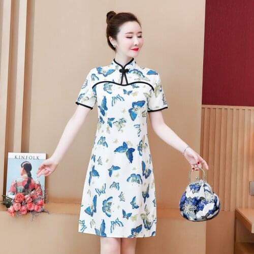 M-4XL Plus Size Vintage Chinese Traditional Qipao 2021 New Casual Party Women Midi Dress Short Sleeve Summer Cheongsam Dresses