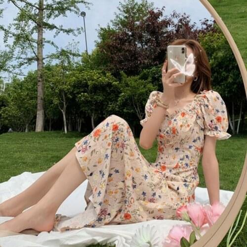 Summer Vintage Retro Print Floral Dress Women Japanese French High Street Casual Party Midi Dress Elegant Kawaii Lolita Dresses