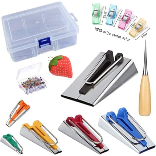 19pcs DIY Tool in Case Sewing Bias Tape Maker All Size 6mm/9mm/12mm/18mm/25mm/50mm Quilting Pins Wonder Clips Pincushion Awl