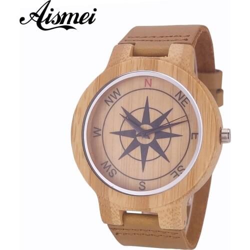 2018 New Design Compass Dial Bamboo Wood Watches for Men and Women Fashion Casual Leather Strap Wrist Watch Male Female Relogio