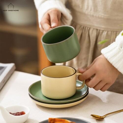 250ml Retro Ceramic Coffee Cup And Saucer Set Milk Breakfast Mugs Dessert Plate Cappuccino Afternoon Tea Cup