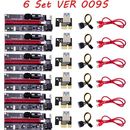 6pcs PCI-E pcie Riser 009 Express 1X to 16x Extender PCI E USB Riser 009S GPU Dual 6Pin Adapter Card SATA 15pin for BTC Miner