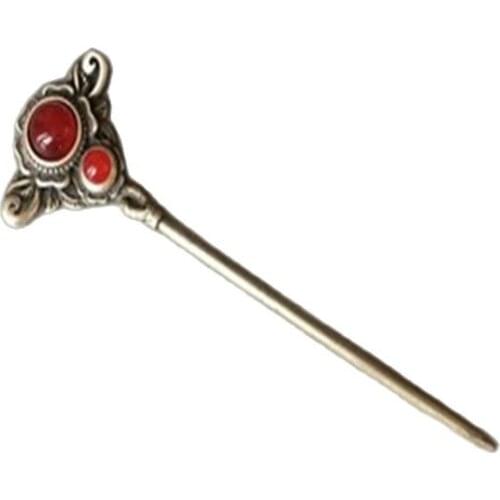 Antique old silver Tibetan ornaments ethnic Tibetan silver inlaid Malay jade hairpin