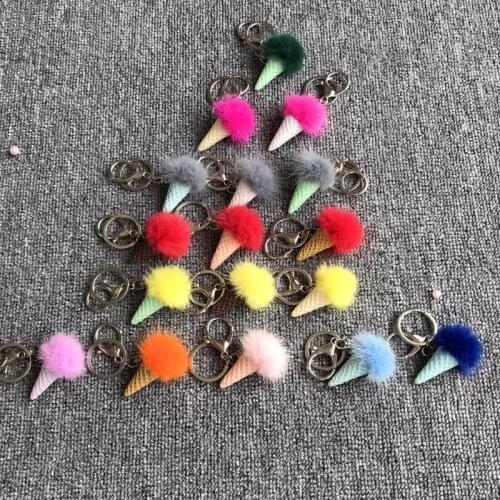 2020 New Fashion Mini Ice Cream Real Natural Mink Fur Keychain Cute Mink Hair Bag Charm Pendant Car Key Keyring Accessories