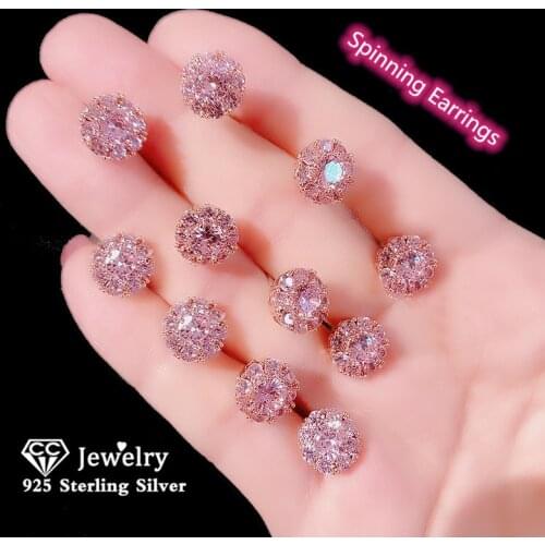 CC Jewelry Sets For Women S925 Silver Needles Cubic Zirconia Pink Spinning Stud Earrings Necklaces Adjustable Ring CCAS224