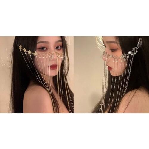 Face Cover Hair Clip Multi-Layers Tassel Veil Chain with Pearl Masquerade Mask