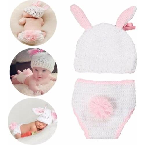 Newborn Photography Props Cute Rabbit Ears Costume Baby Cartoon Knit Hat Pant Suit Infant Photo Shoot Accessories 2Pcs/Set