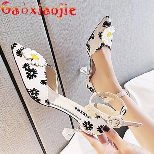 Gaoxiaojie Women Shoes New Pointed Buckle Strap Daisy Pattern High Heels Comfortable Everyday Women Sandals Office Single Shoes