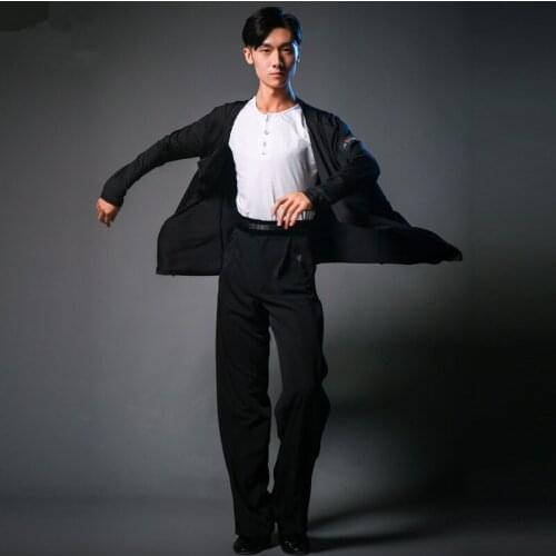 Fashion Latin Dance men Black White blue long Sleeve Practice Dance Wear Clothing Ballroom Dance Cardigan Coat Men Dances