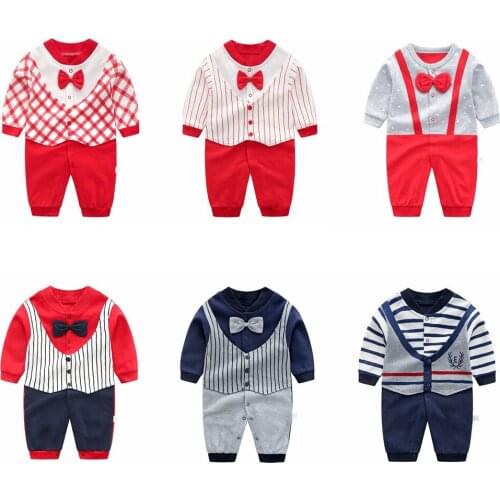 Newborn Baby Spring Clothing Rompers Long Sleeved Cartoon Cotton Jumpsuit Infant Boys Gentleman Bow Tie Clothes Climbing Pajamas