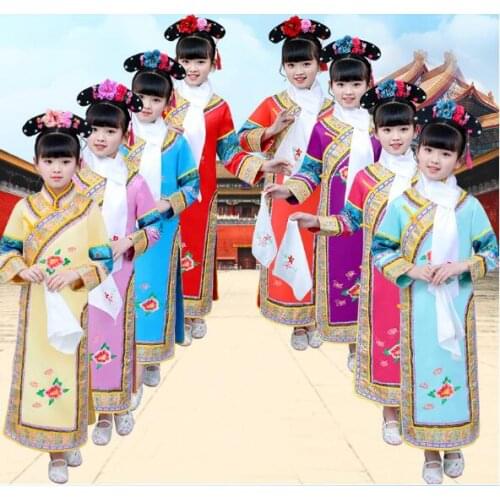 Ancient Chinese Court of Qing Dynasty Costume Chinese Traditional Folk Dance Kids Hanfu Dress Stage performance Princess Dress