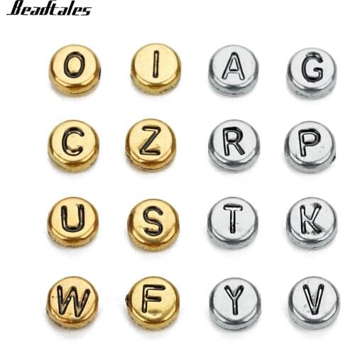 Beadtales 100pcs/lot 7mm Round Acrylic Beads Antique Gold/Silver Color Letter Beads For Women DIY Handmade Jewelry Findigns