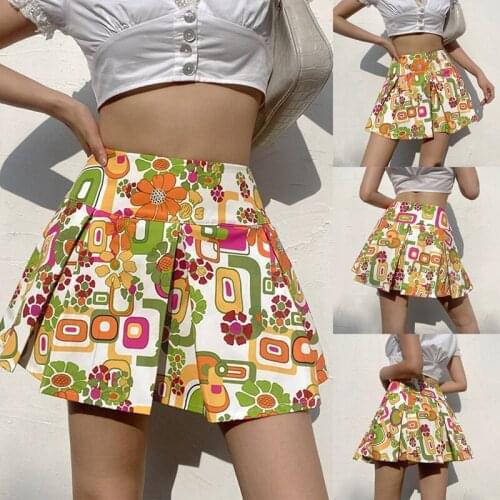 Floral Print Y2K Pleated Mini Skirts Women Aesthetic Kawaii Clothes Preppy Style Low Waist Girl Skirt Summer