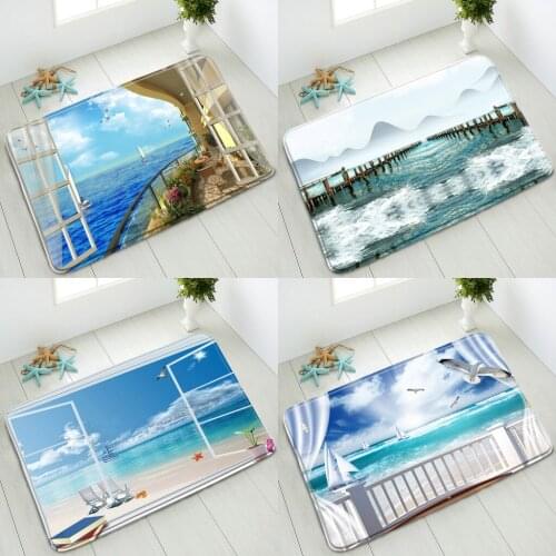 Non-Slip Bath Mat Summer Ocean Scenery Palm Tree Boat Indoor Floor Mats Kitchen Bedroom Doormat Washable Home Carpet Absorbent