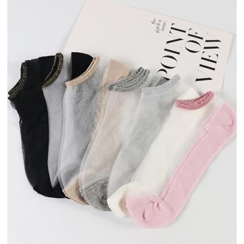 DONGAI 6 Pairs Transparent Sheer Ankle Socks Women Summer Beautiful Sheer Silk Elastic Mesh Lurex Striped Cuff Hot Sale Pink