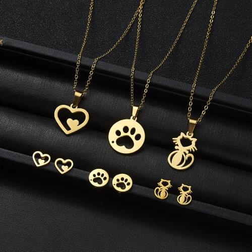 New Fashion Jewelry Simple Gold-color Romantic Heart Necklace Earring Sets For Women Wedding Party Stainless Steel Jewelry Set