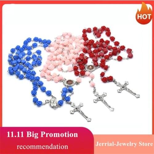 3 Colors Resin Rose Rosary Bead Beautiful Necklace Virgin Mary Christ Cross Catholic Christian Wedding Prayer Jewlery Religious