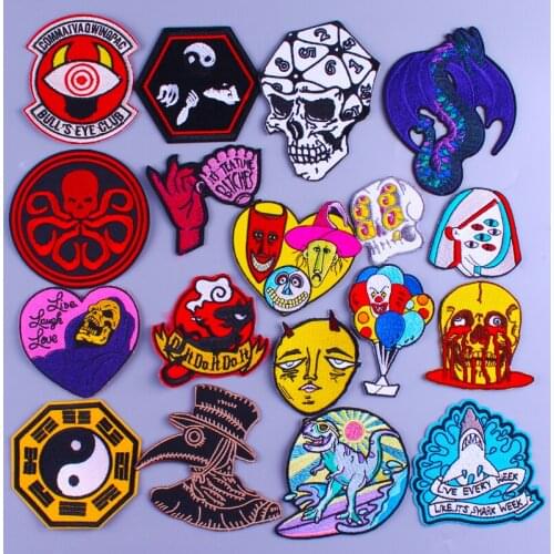 Punk Skull Heart Patches Hippie Joker Embroidered Patches For Clothing Iron On Patches On Clothes Rock Stripes Clothing Stickers