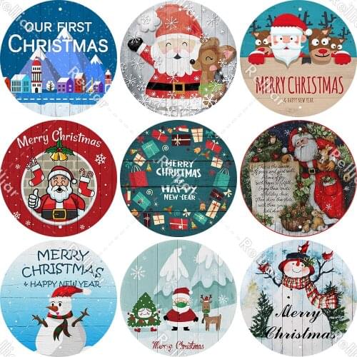 Celebrate Christmas Round Plate Santa Claus Snowman Cedar Decor Metal Tin Sign Personality Home Coffee Bar Ornament Poster
