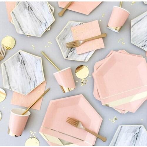 Pink Rose Gold Party Disposable Tableware Paper Plate Cups Straws Napkins Kids Birthday Baby Shower Party Wedding Decor Supplies