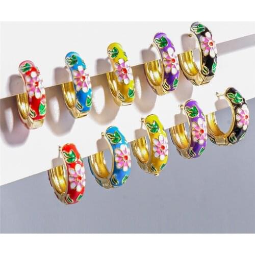KSRA Vintage Brass Enamel Flower Hoop Earrings For Women Colorful Round Y2K Gold Huggie Earrings Hoops Wedding Jewelry 2021 New