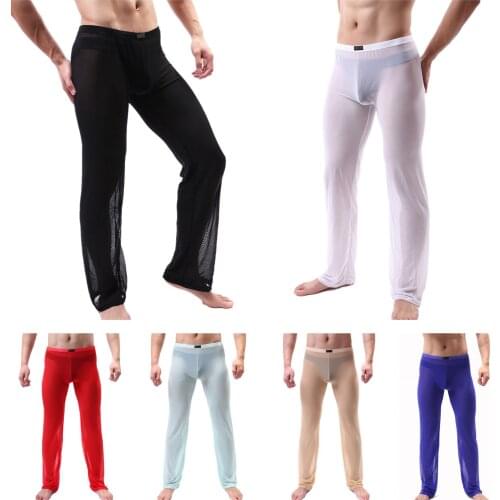 Plus Size Loose Pants Men Casual See-Though Mesh Pajama Bottoms Ultra-Thin Pants Low Waist Elastic Waistband Trousers Nightwear