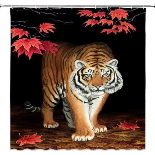 Tiger Shower Curtain Wild Animal Red Leaf Bathroom Decor Waterproof Polyester Cloth Bath Curtains With Hooks