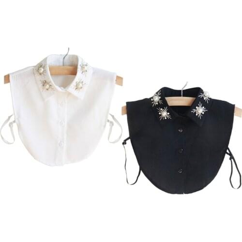 Women Chiffon Lapel Dickey False Collar Rhinestone Pearl Beading Floral Detachable Half Shirt Blouse Sweater Accessory