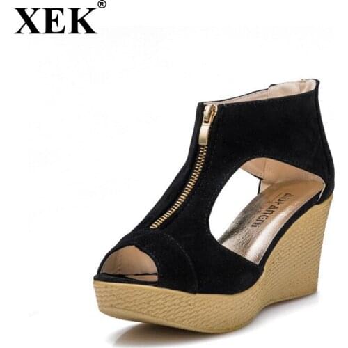 XEK 2018 Women Wedge Sandals Summer Women Shoes Slides Platform Wedges Vintage High Heel Sandals Zippers Sandalias Mujer WFQ87