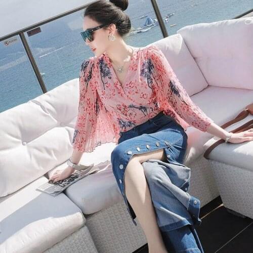 2021 Summer Womens 2 Pieces Set Elegant Floral Chiffon Tops with Wide Leg Split Pants Ladies High Waist Slim Two Piece Suits