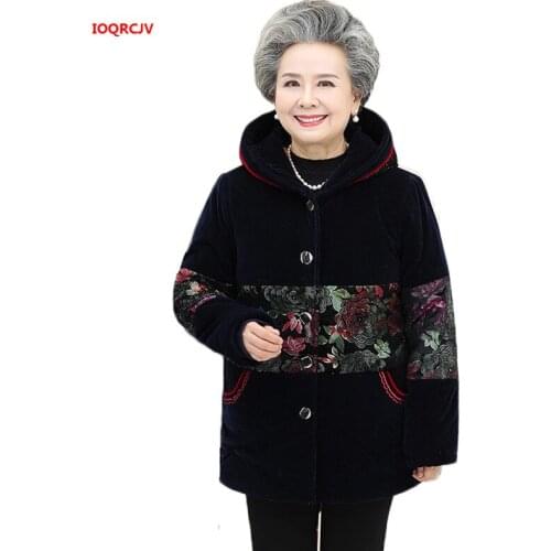 Middle-aged Women Down Cotton Jacket Winter Folk-custom Loose Velvet Warm Cotton Coat Plus size Grandma Hooded Outerwear W1375