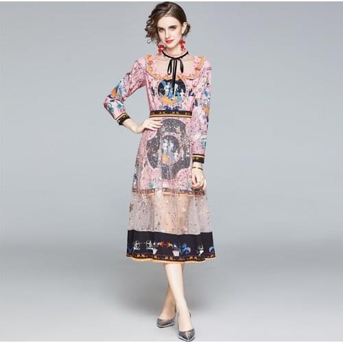 Runway Retro Mermaid Cartoon Print Patchowrk Embroidered Mesh Sequined Long Dress Women Ruffles Bow Pink Dress k8610