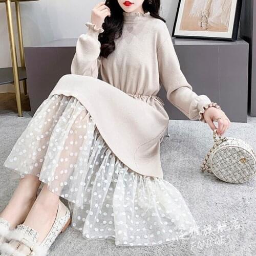 Black sweater women long section over the knee stitching loose dress 2021autumn winter new half high collar inner base dress s81