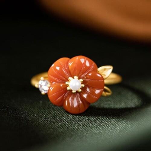 Original S925 Sterling Silver Vintage Plum Blossom Natural South Red Agate S925 Sterling Silver South Red Lady Opening Ring Ring