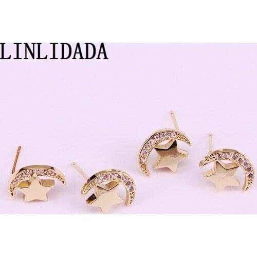 10Pair Pave Cz Moon and Star Shaped metal copper stud earrings gold filled women jewelry