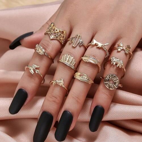 12 Pcs/Set Boho Hollow Fox Face Ring Swallow Leopard Animal Natural Element Women Round Lot Rings Set Gold Color Fashion Jewelry