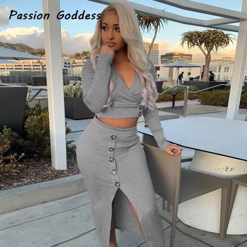 2 Piece Womens Sexy Skirts Set Elegant Long Sleeve Deep V Neck Shirts Single-breasted High Waist Package Hip Split Skirts Suits