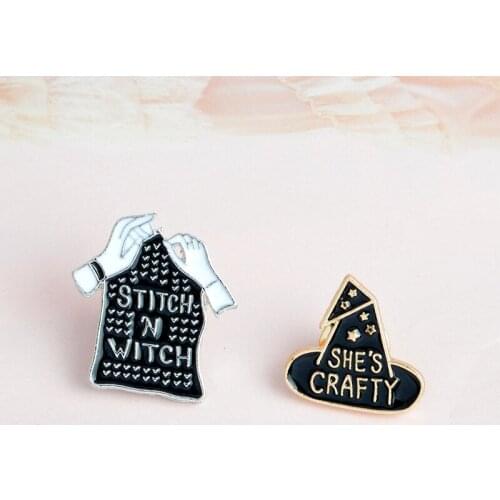 2019 Creative Cartoon Brooch SHES CRAFTY STITCH'N WITCH Witch Gloves Hat Clothes Enamel Metal Brooch Denim Jacket Collar Needle