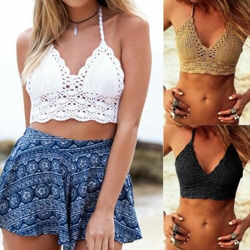 2019 New Hot Halter Neck Summer Fashion Women Crochet Knit Bralette Hollow Out Boho Beach Halter Bikini Bra Swimwear Crop Top