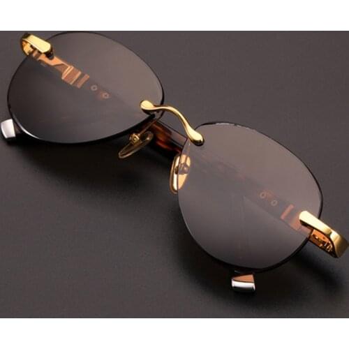 Rimless Glass Sunglasses Woman Men Acetate Frame + Natural Crystal Stone Lens Sun Glasses Oval Brown Vintage Anti Scratch Brand
