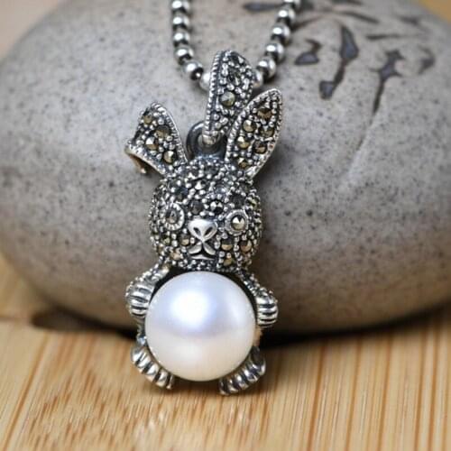 BOCAI 2021 Real S925 Silver Jewelry Simple Art Bunny Retro Marksai Stone Inlaid Pearls Fashionable Woman Pendant