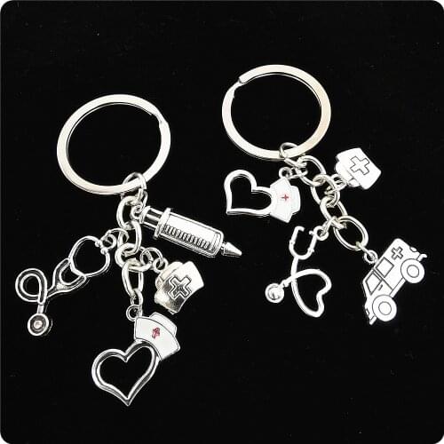 Beautiful Doctor Medical Ambulance Keyring Heart-shaped Nurse Cap Syringe Stethoscope Keychain Gift