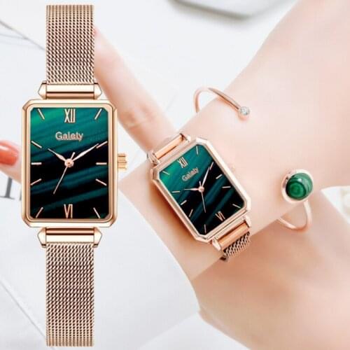 Women Watches Fashion Square Ladies Quartz Watch Bracelet Set Green Dial Simple Rose Gold Mesh Luxury Women Watches