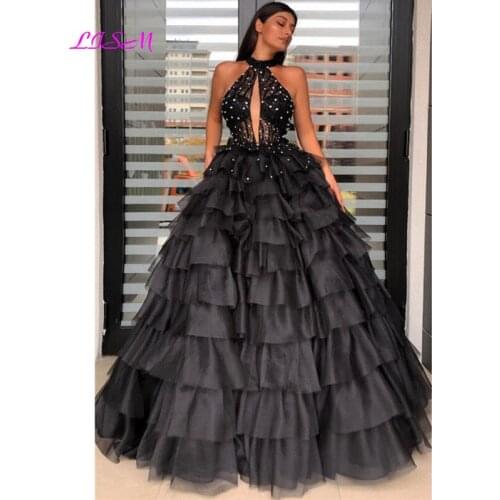 Black Ball Gown Quinceanera Dresses Halter Beaded Crystals Puffy Tulle Sweet 16 Dresses vestido de 15 anos quinceanera 2021