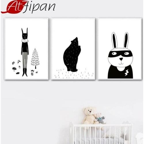 Atfipan Black White Rabbit Bear Canvas Painting Unframed Animals Prints Wall Art Poster Nordic Style Kids Decoration Pictures