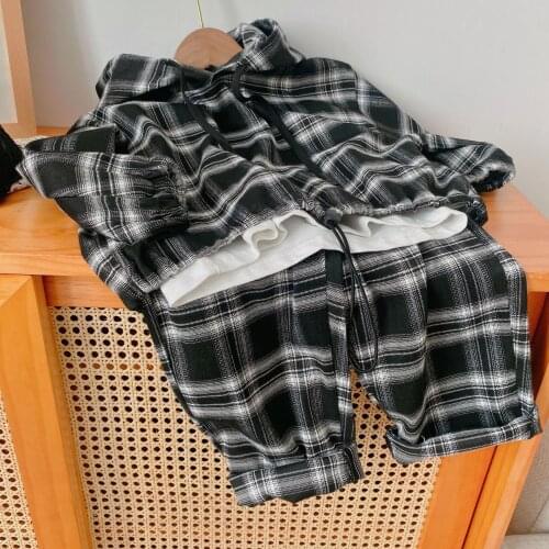 Kids Clothing Set 2021 Autumn New Baby Boy Korean Fashion Plaid Suits Hooded Plaid Pullovers+pants 2pcs Set for Boy Baby Clothes