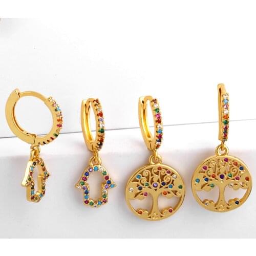 Small Fatima Hand Earrings For Women Gold Rainbow Cubic Zirconia Tree of Life Drop Earrings Turkish Lucky Jewelry Gifts ersq72